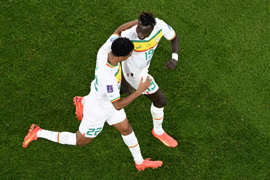 مهاجم السنغال فامارا دييدهو (يمين) محتفلا مع زميله ديالو بتسجيله الهدف الثاني ف يمرمى قطر ضمن مونديال 2022. 25 تشرين الثاني/نوفمبر 2022 (ا ف ب)