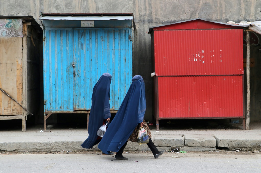     نساء أفغانيات يرتدين البرقع يسرن على طول شارع في منطقة فايز آباد في ولاية بدخشان في 5 فبراير 2023 (أ ف ب)
