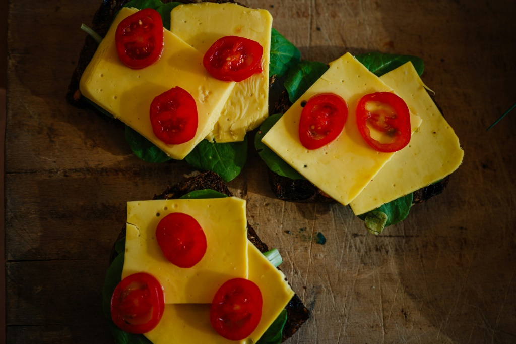 قطع من الجبنة مصنوعة من البروتينات من دون استخدام الحيوانات، أنتجتها شركة "ستانديغ أوفايشن". الصورة التُقطت بتاريخ 11 تشرين الأول/أكتوبر 2023 في باريس (ا ف ب)