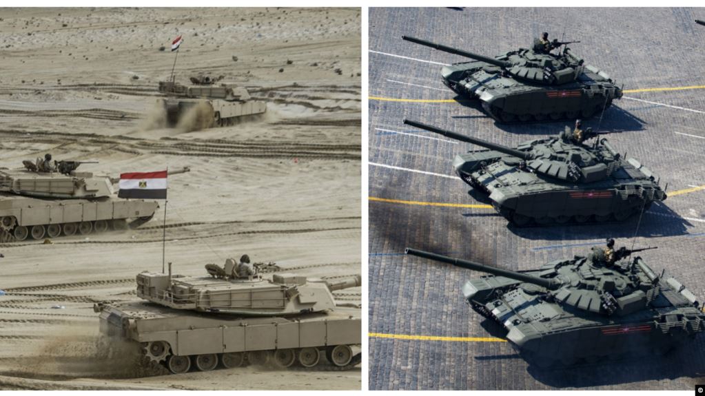 على اليمين دبابات من طراز t-72 الروسية التي تمتلكها إثيوبيا وعلى اليمين دبابات M1a1 الأمريكية لدى مصر