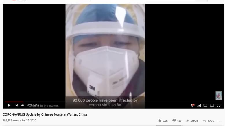 فيديو على يوتيوب حصل على نحو ثمانين ألف مشاهدة  لممرض في ووهان يدعي أن هناك تسعين ألف مصاب