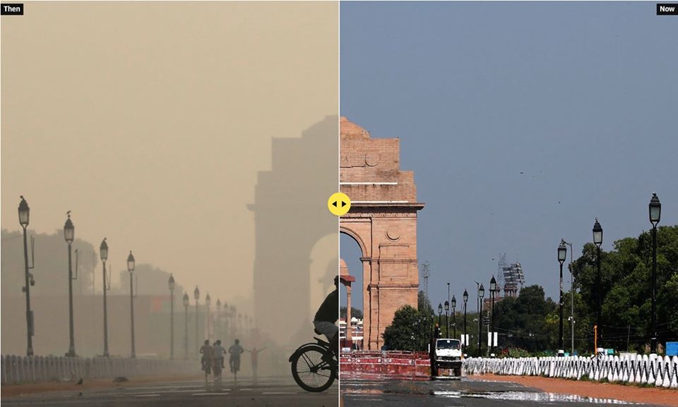مدينة نيودلهي.. على اليسار التقطت الصورة عام 2019 وعلى اليمين أثناء الحظر. (مصدر الصورة: الجارديان)