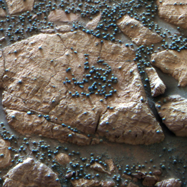 الهيماتيت على سطح المريخ يظهر في شكل "توت أزرق" كما أطلقت عليه ناسا (ويكيبيديا)