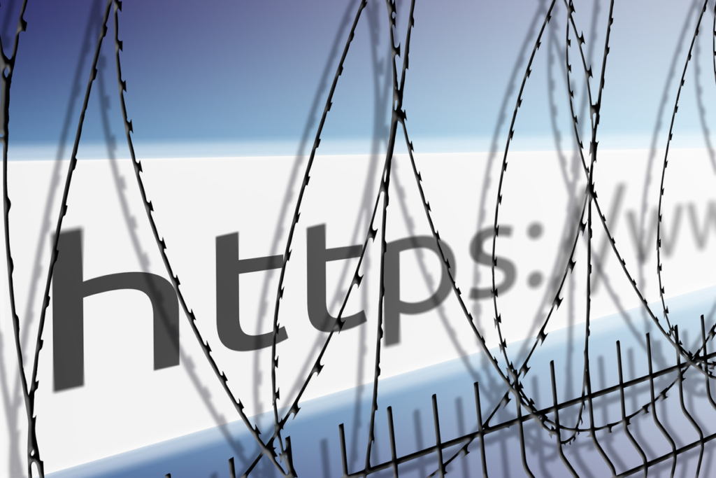  Image of the address bar of the website is blocking the fence with barbed wire – blocked Internet concept.