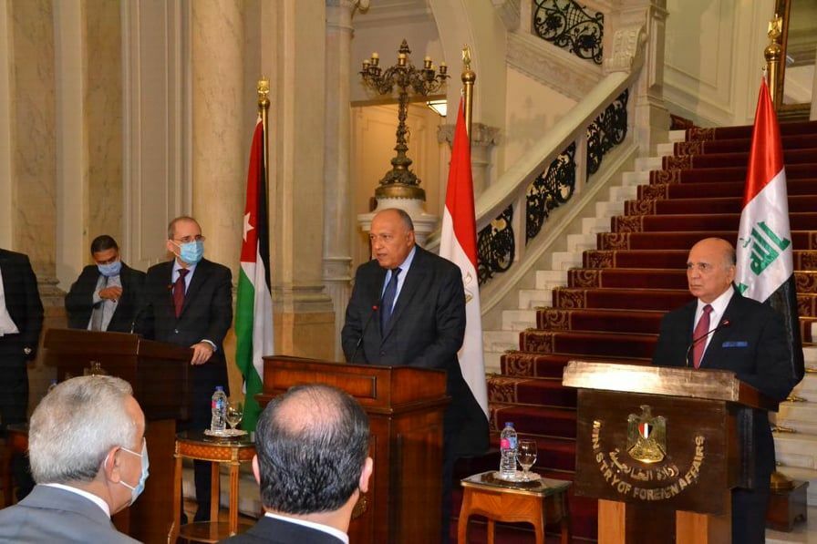 المؤتمر الصحفي لوزراء خارجية العراق ومصر والأردن في القاهرة اليوم الثلاثاء
