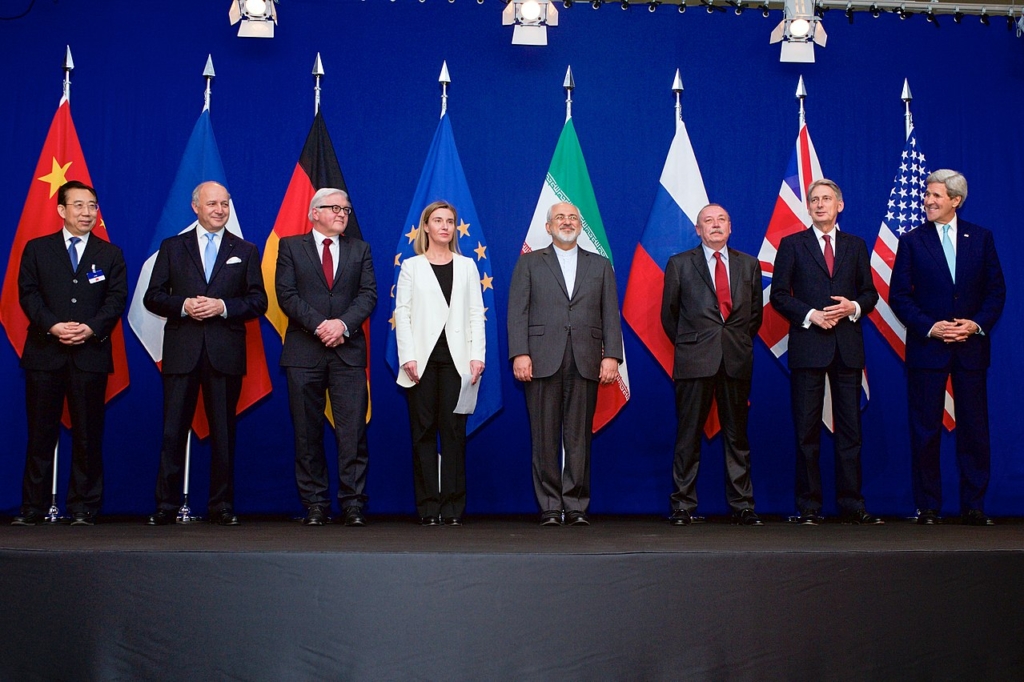 وزراء خارجية 5+1 وإيران في مؤتمر صحفي لقراءة نص البيان المشترك لاتفاق لوزان 2015