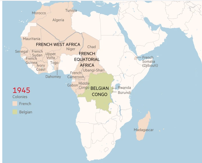 المصدر: فاينانشال تايمز: تتضمن الخريطة الأقاليم والجزر التي ذابت في الاتحاد الفرنسي (اتحاد سياسي أنشأته الجمهورية الفرنسية الرابعة ليحل محل التنظيم الاستعماري الفرنسي القديم ولإنهاء ما كان يعرف بنظام قانون الأهالي).