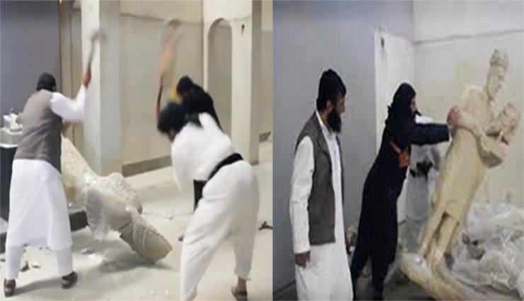 صورة بثها تنظيم الدولة عام 2015 لتحطيم التماثيل في متحف نينوى