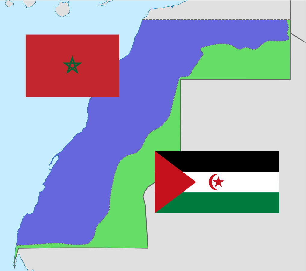  خريطة توضح مناطق سيطرة الرباط (الأزق والبوليساريو (الأخضر)على الصحراء/wikipedia