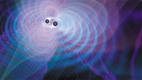    رسم توضيحي لموجات الجاذبية الصادرة عن ثقبين أسودين يدوران حول بعضهما البعض