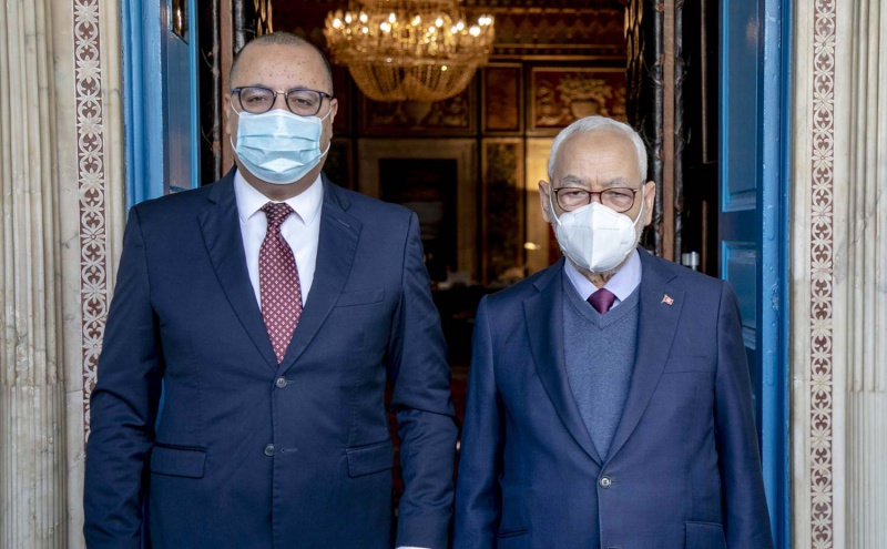 رئيس الحكومة التونسي، هشام المشيشي، ورئيس حركة النهضة، راشد الغنوشي