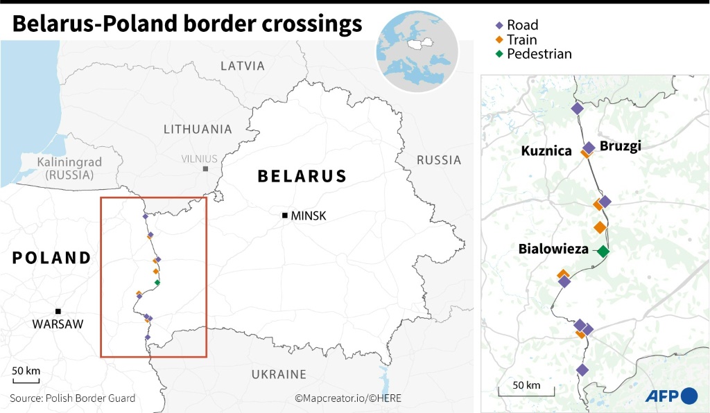 خريطة توضح نقاط العبور الحدودية بين بيلاروسيا وبولندا (أ ف ب)   