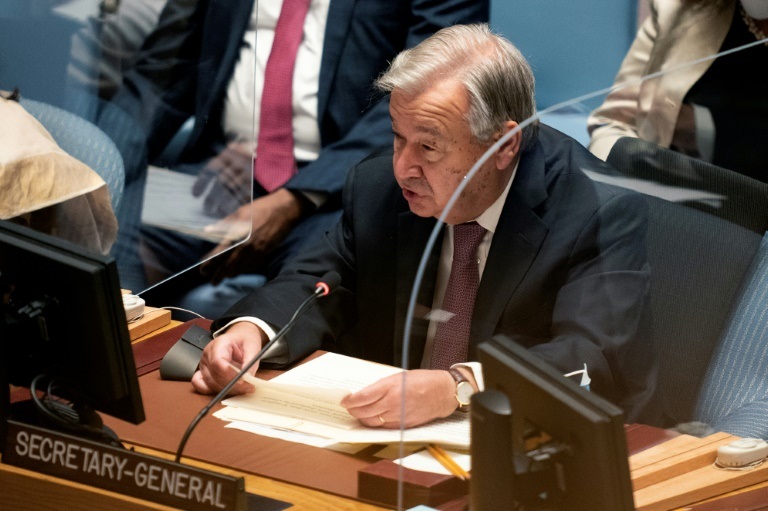 الأمين العام للأمم المتحدة أنطونيو غوتيريش خلال اجتماع لمجلس الأمن الدولي على هامش أعمال الدورة 76 للجمعية العامة للأمم المتّحدة في نيويورك في 23 أيلول/سبتمبر 2021( ا ف ب )