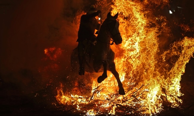 خيال يعبر النيران على جواده ضمن احتفال (ا ف ب)