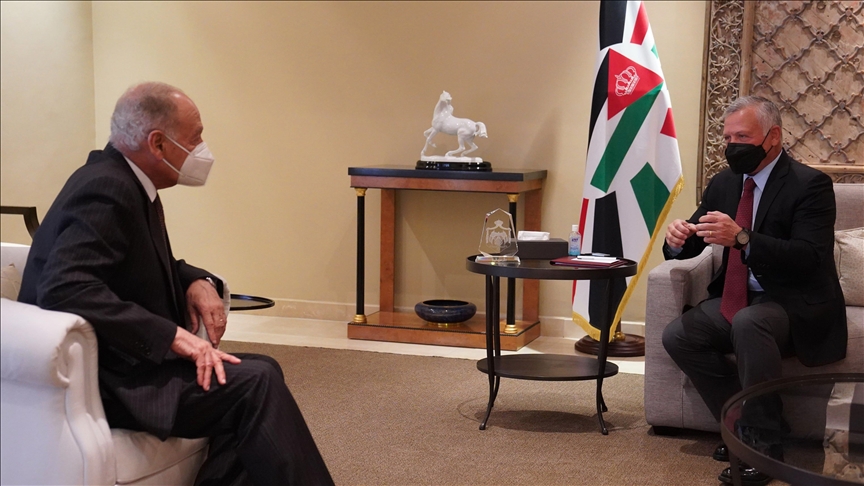 الملك الاردني عبدالله الثاني خلال استقباله الأمين العام لجامعة الدول العربية أحمد أبوالغيط (الاناضول)