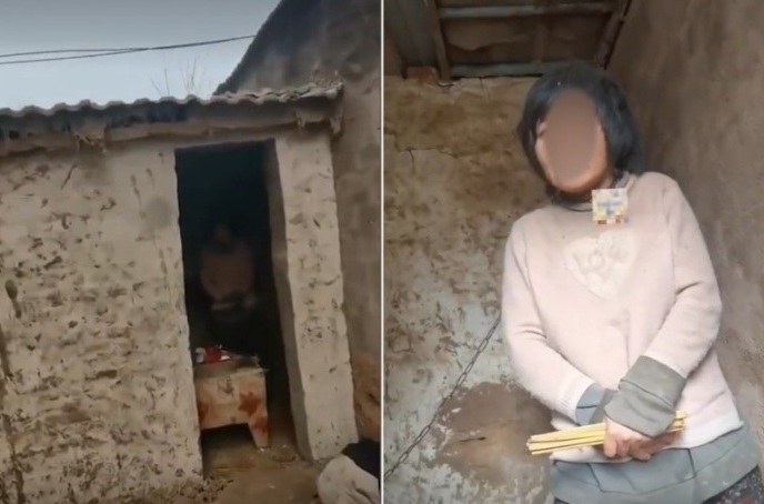 صورة من الفيديو تظهر فيها المرأة المستعبدة (مواقع التواصل)