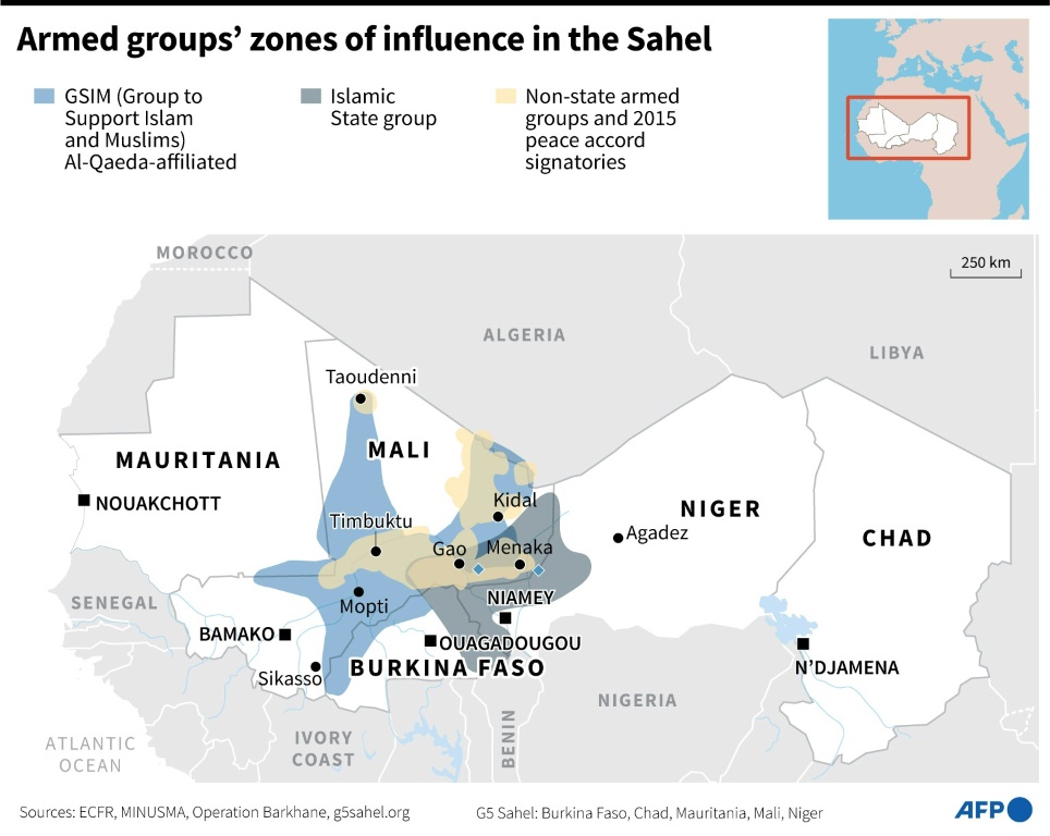 مناطق نفوذ الجماعات المسلحة في منطقة الساحل (أ ف ب)
