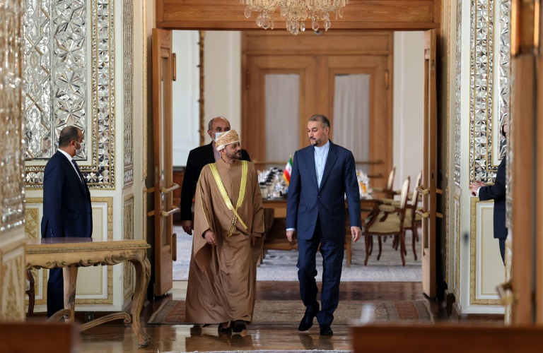 وزير الخارجية الإيراني حسين أمير عبداللهيان (الى اليمين) ونظيره العماني بدن بن حمد البوسعيدي (أ ف ب)