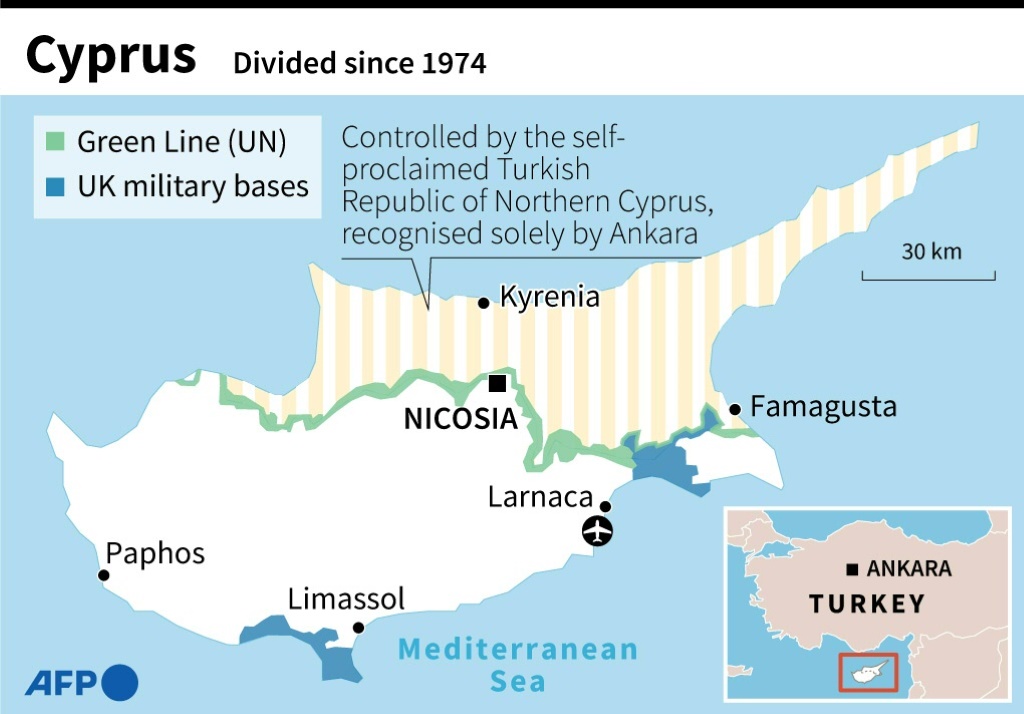 خريطة قبرص ، وهي جزيرة مقسمة منذ عام 1974 (أ ف ب)