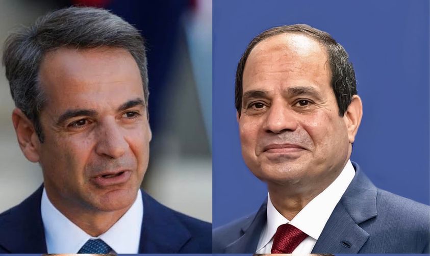 لرئيس المصري عبد الفتاح السيسي، مع كيرياكوس ميتسوتاكيس، رئيس وزراء اليونان (الرئاسة المصرية)