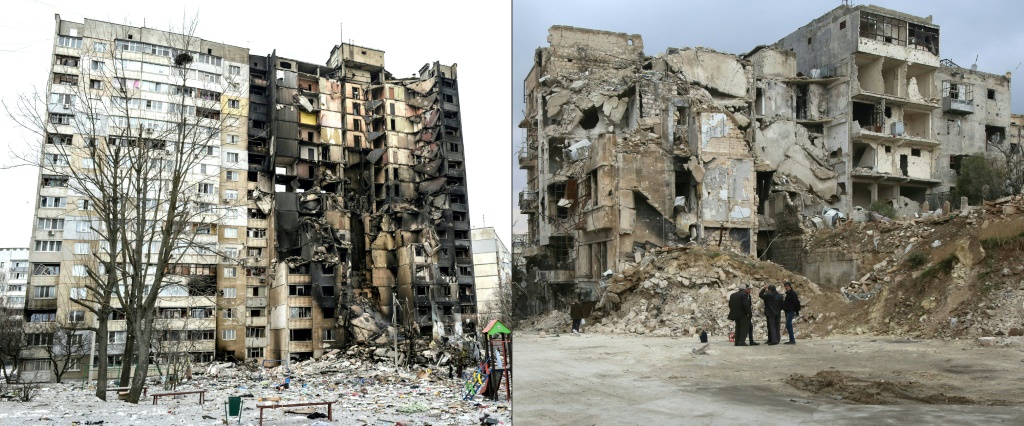 مجموعة من صور الملفات تُظهر مبنى سكني في خاركيف بأوكرانيا في 8 مارس 2022 (على اليسار) ومبنى مدمر في مدينة حلب القديمة في سوريا في 17 ديسمبر / كانون الأول 2016 (أ ف ب)   
