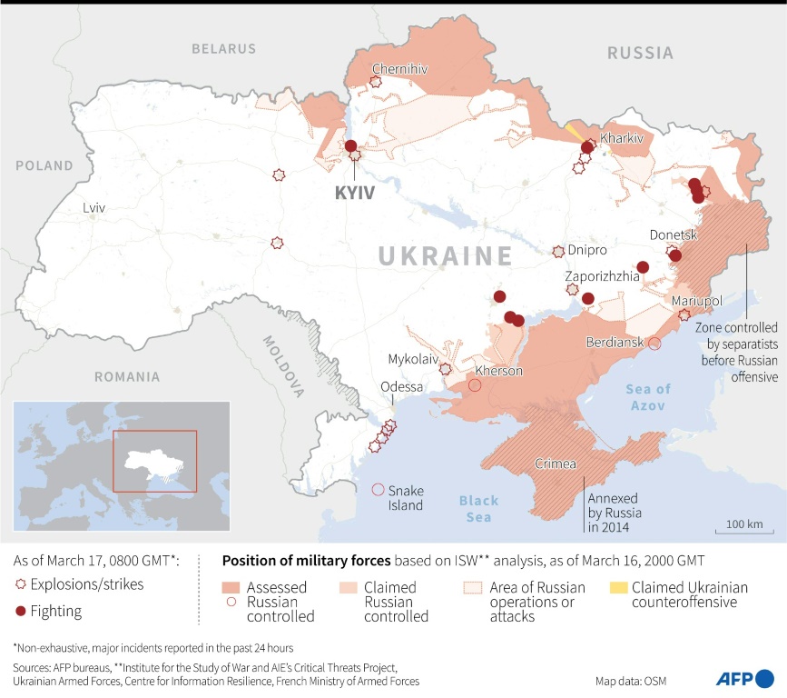 خريطة لأوكرانيا تحدد المناطق التي تم الإبلاغ فيها عن انفجارات وضربات ومعارك كبيرة (أ ف ب)
