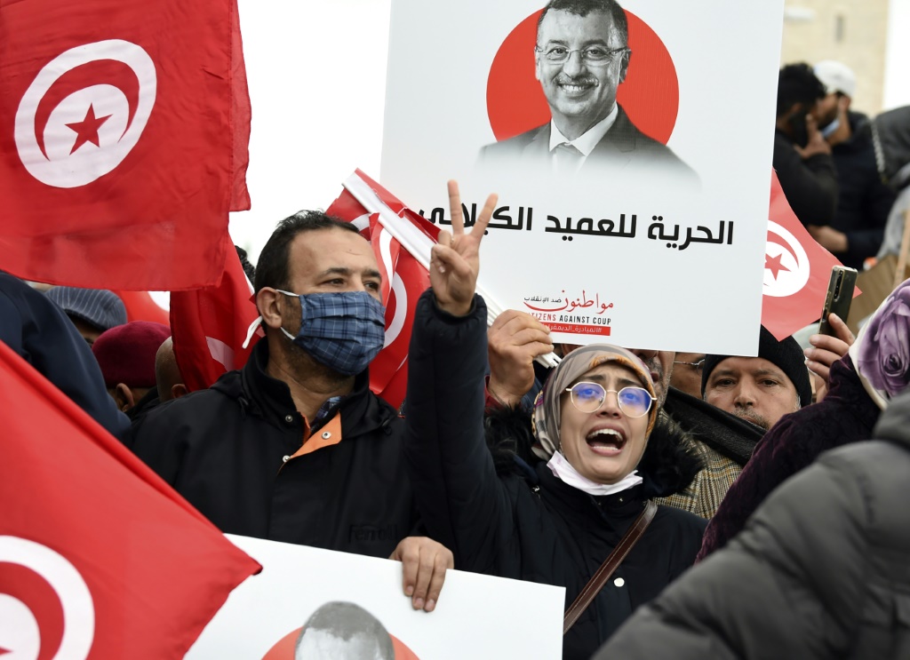 متظاهرون تونسيون يرفعون لافتات والأعلام الوطنية خلال احتجاج ضد الرئيس قيس سعيّد على مقربة من مبنى البرلمان في العاصمة تونس في 20 آذار/مارس 2022 (أ ف ب)