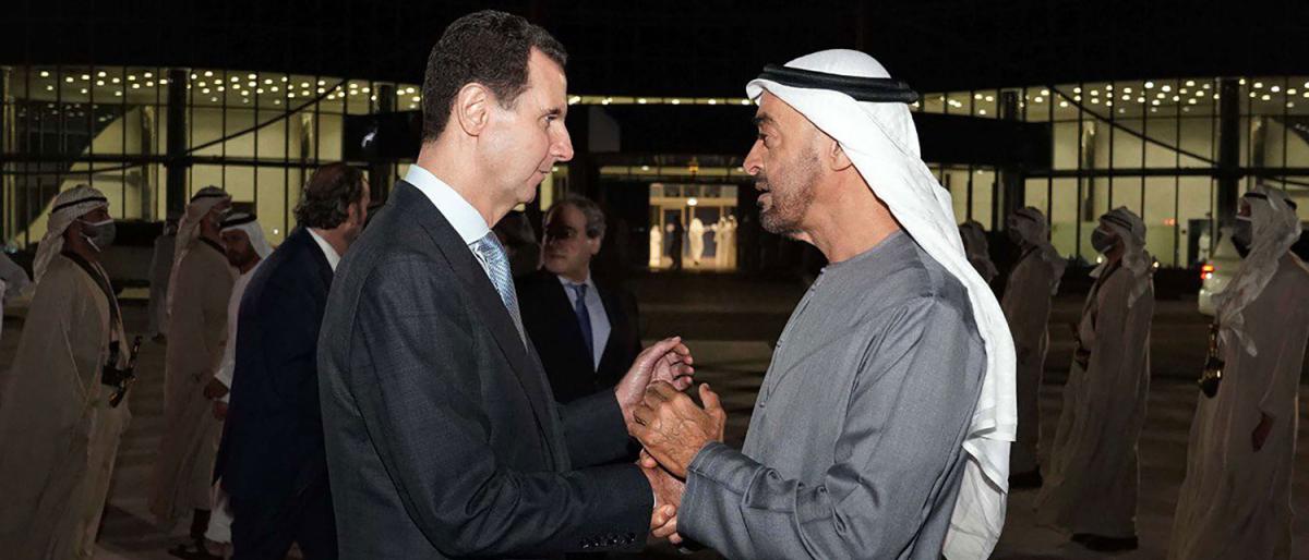 الشيخ محمد بن زايد ولي عهد أبوظبي مع الرئيس السوري بشار الاسد (وام)