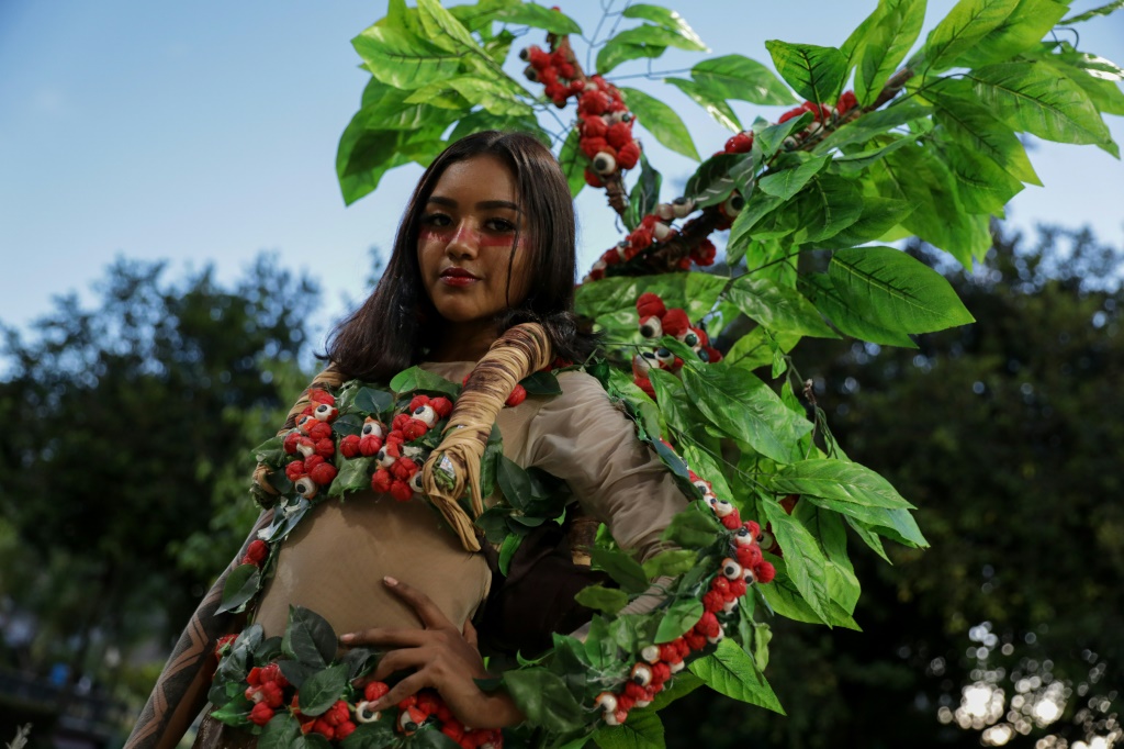 مشاركة في عرض الأزياء الأول للسكان الأصليين في البرازيل، في مدينة ماناوس في التاسع من نيسان/ابريل 2022(ا ف ب)