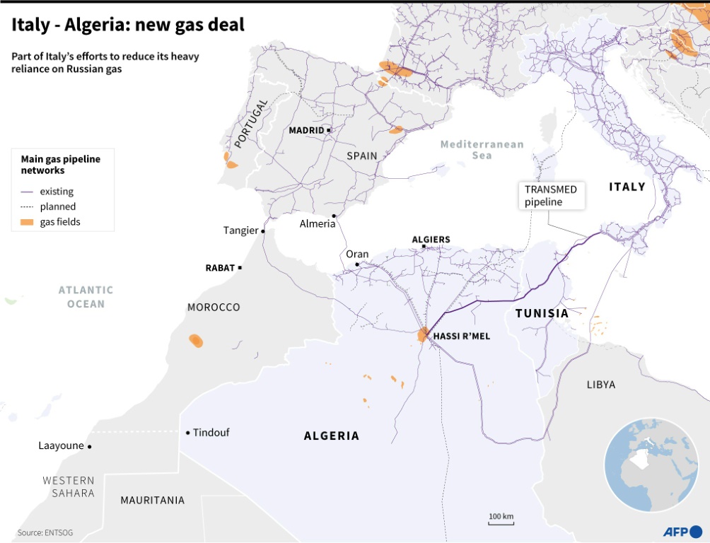    خريطة توضح خطوط أنابيب الغاز التي تربط الجزائر وإيطاليا اللتين وقعتا صفقة غاز جديدة لتقليل اعتماد إيطاليا الكبير على الغاز الروسي (أ ف ب)