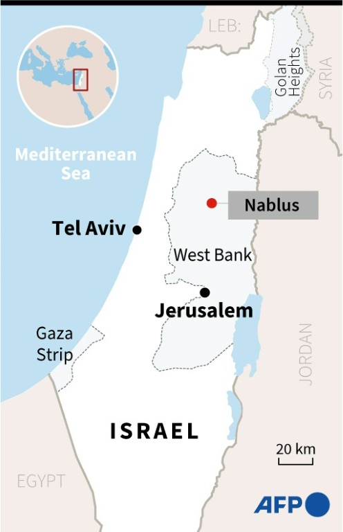 خريطة لإسرائيل تحدد نابلس حيث قتلت القوات الإسرائيلية فلسطينيا في 13 أبريل (ا ف ب)
