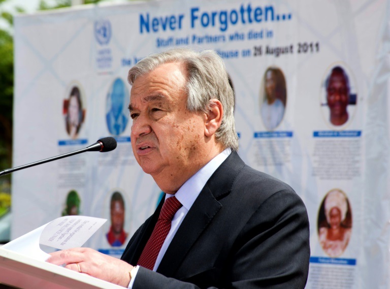 الأمين العام للأمم المتحدة أنطونيو غوتيريش خلال إلقائه خطابا في أبوجا بتاريخ 4 أيار/مايو 2022 (ا ف ب)