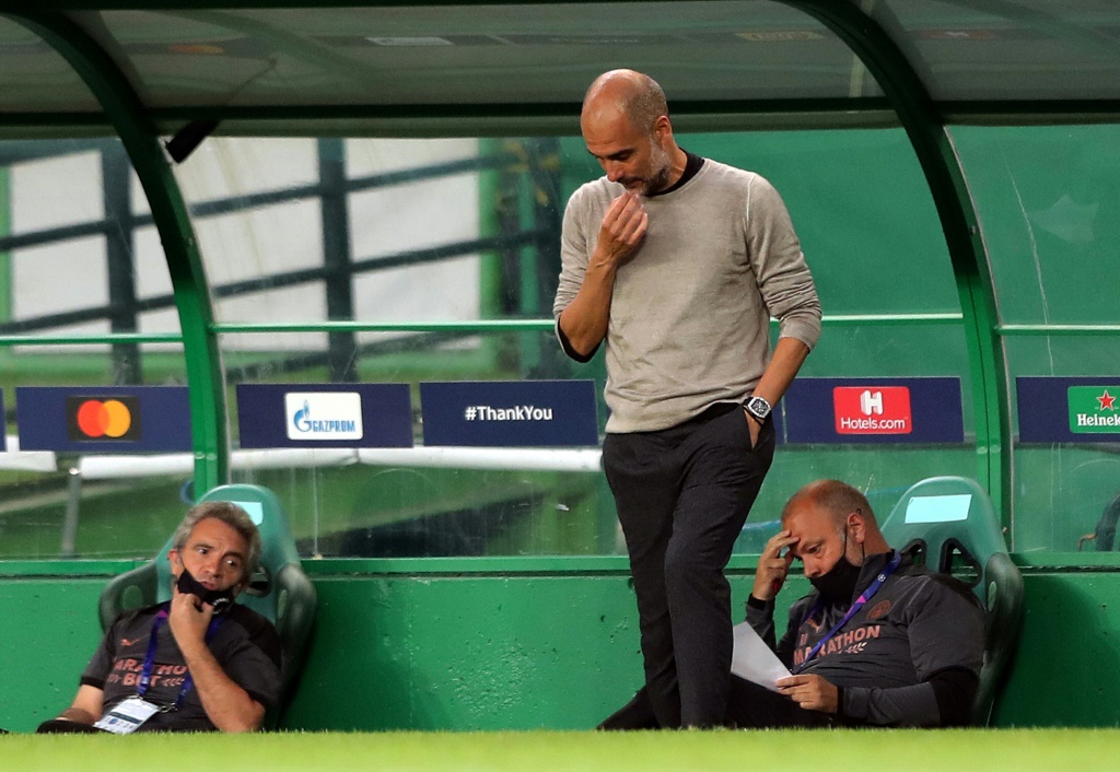 &nbsp;المدرب الاسباني لمانشستر سيتي الانكليزي بيب غوارديولا خلال المباراة ضد ليون الفرنسي في ربع نهائي مسابقة دوري ابطال اوروبا في لشبونة في 15 آب/أغسطس 2020 (ا ف ب)