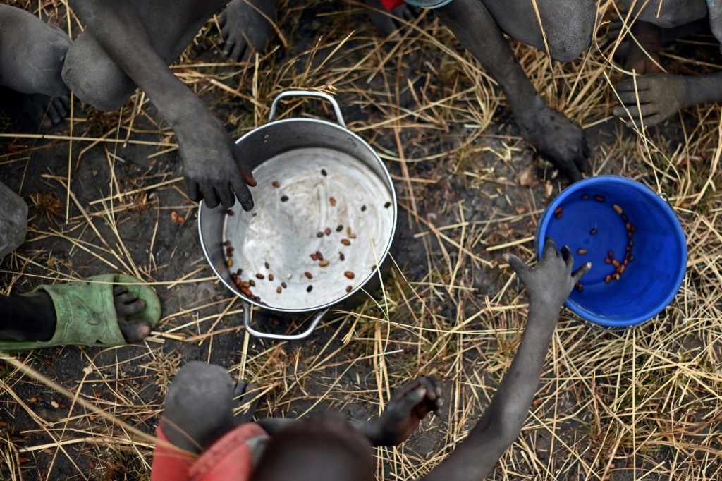 أطفال يجمعون حبوباً وقعت أرضاً من أكياس مساعدات أُلقيت من طائرات في منطقة أيود في جنوب السودان في 6 شباط/فبراير 2020 (ا ف ب)