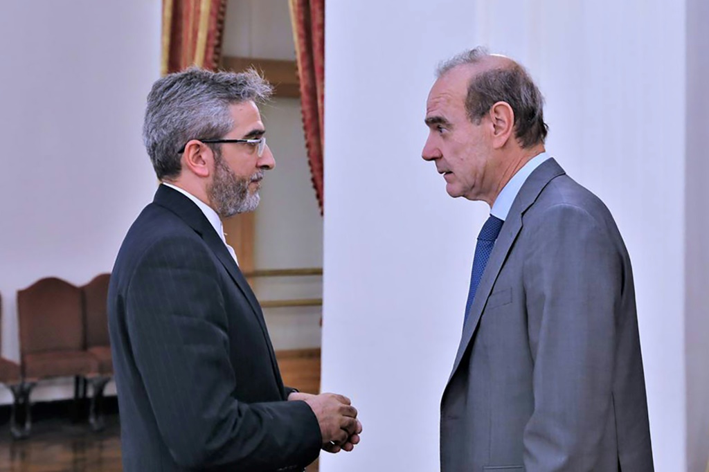 حوار بين كبير المفاوضين الإيرانيين علي باقري (الى اليسار) والدبلوماسي الأوروبي انريكي مورا في مقر الخارجية الإيرانية في 11 أيار/مايو 2022 (أ ف ب).