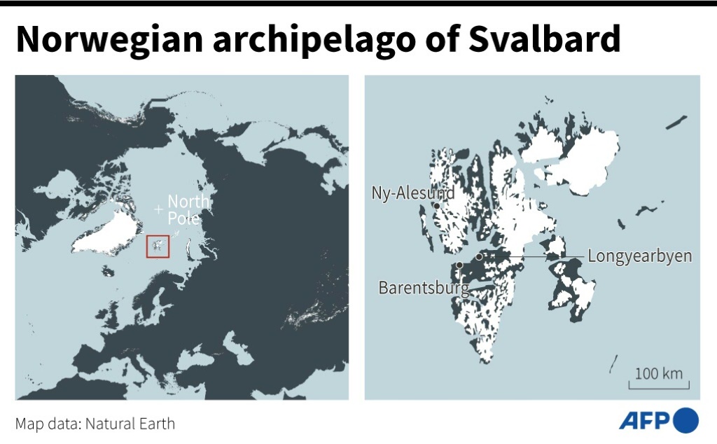 خرائط توضح أرخبيل سفالبارد النرويجي وتحديد مدن بارنتسبرج ولونجيربين وني أليسوند. (ا ف ب)