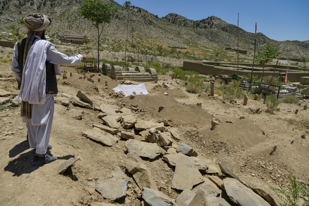 قروي ينظر إلى قبور محفورة حديثًا تضم ​​ضحايا الزلزال القاتل في أفغانستان في منطقة غايان (أ ف ب)