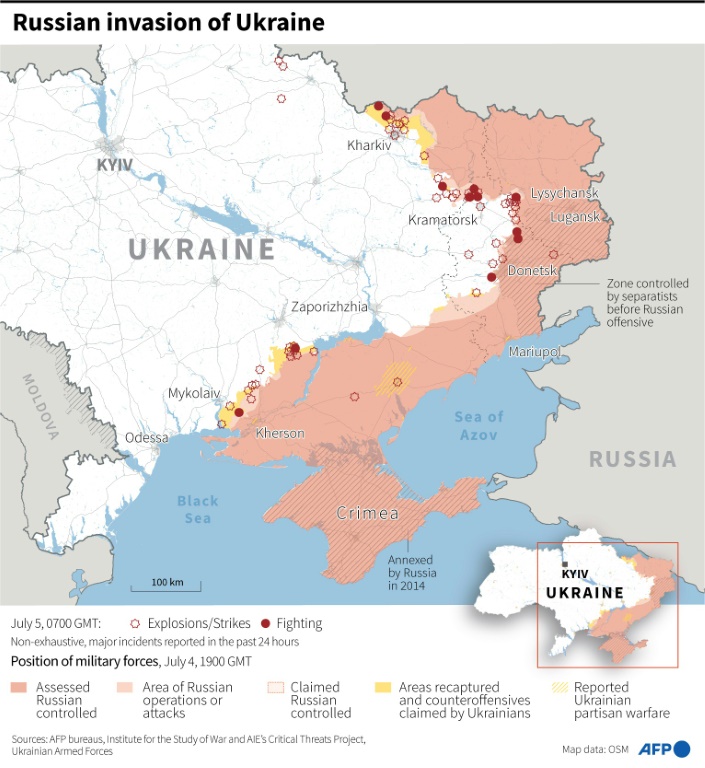       خريطة توضح الوضع في أوكرانيا ، اعتبارًا من 5 يوليو الساعة 0700 بتوقيت جرينتش (ا ف ب)