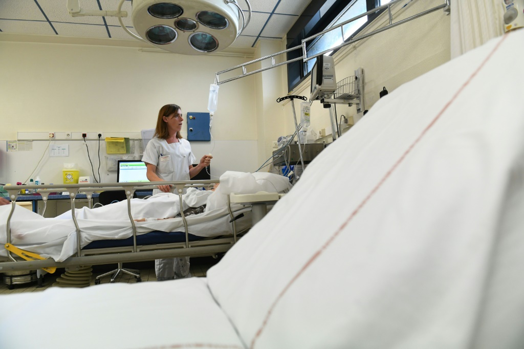 ممرض بجانب مريض في منطقة لور الفرنسية في الثامن من حزيران/يونيو 2018 (ا ف ب)