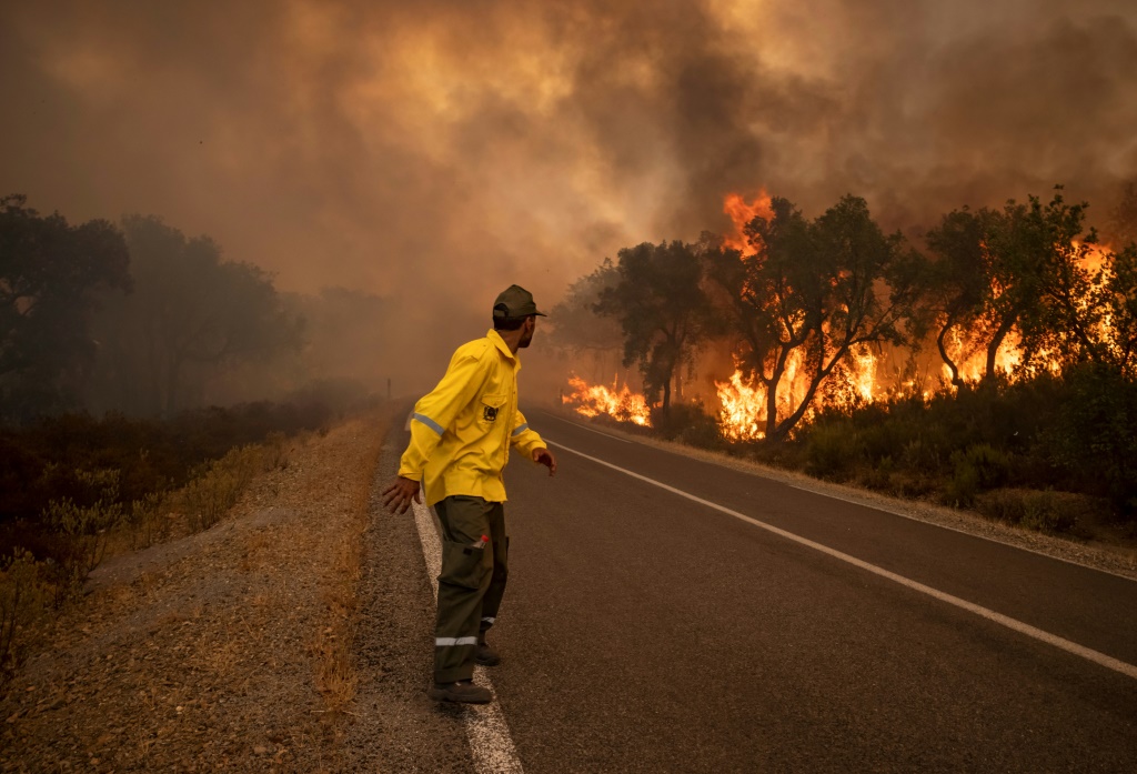 عنصر من فرق الإطفاء قرب حريق مشتعل في إحدى الغابات في محيط مدينة القصر الكبير في إقليم العرائش بشمال غرب المغرب في 15 تموز/يوليو 2022 (ا ف ب)