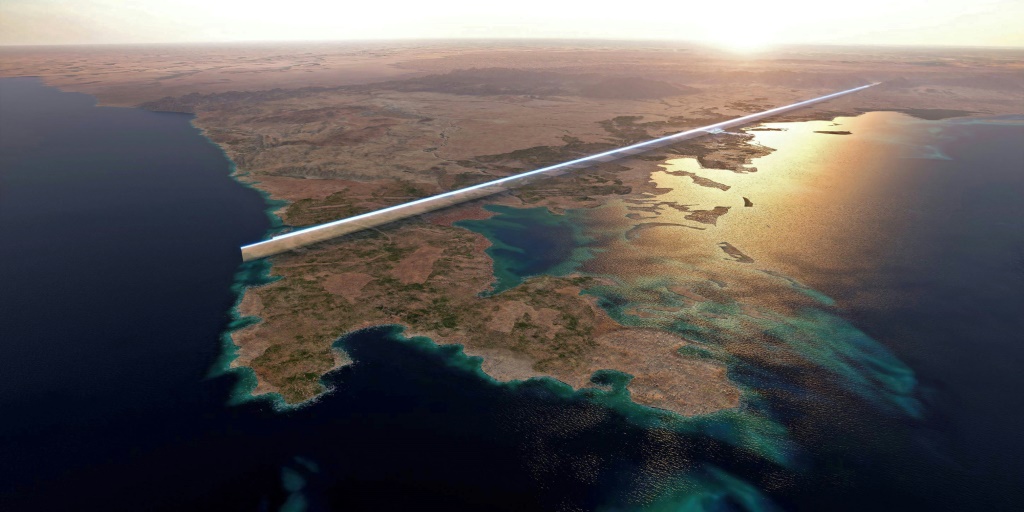 صورة وزعتها إدارة مدينة نيوم في 26 تموز/يوليو 2022 تظهر خطة تصميم الهيكلين المتوازيين المعروفين باسم "ذا لاين" في قلب مدينة نيوم على ساحل البحر الأحمر (ا ف ب)