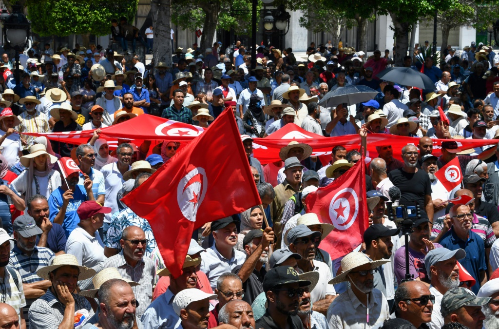 متظاهرون تونسيون في العاصمة التونسية احتجاجا على قرارات الرئيس قيس سعيد في 19 حزيران/يونيو 2022 (ا ف ب)