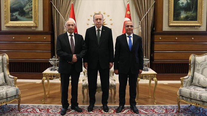 الرئيس التركي مع قادة ليبيون (قنا)
