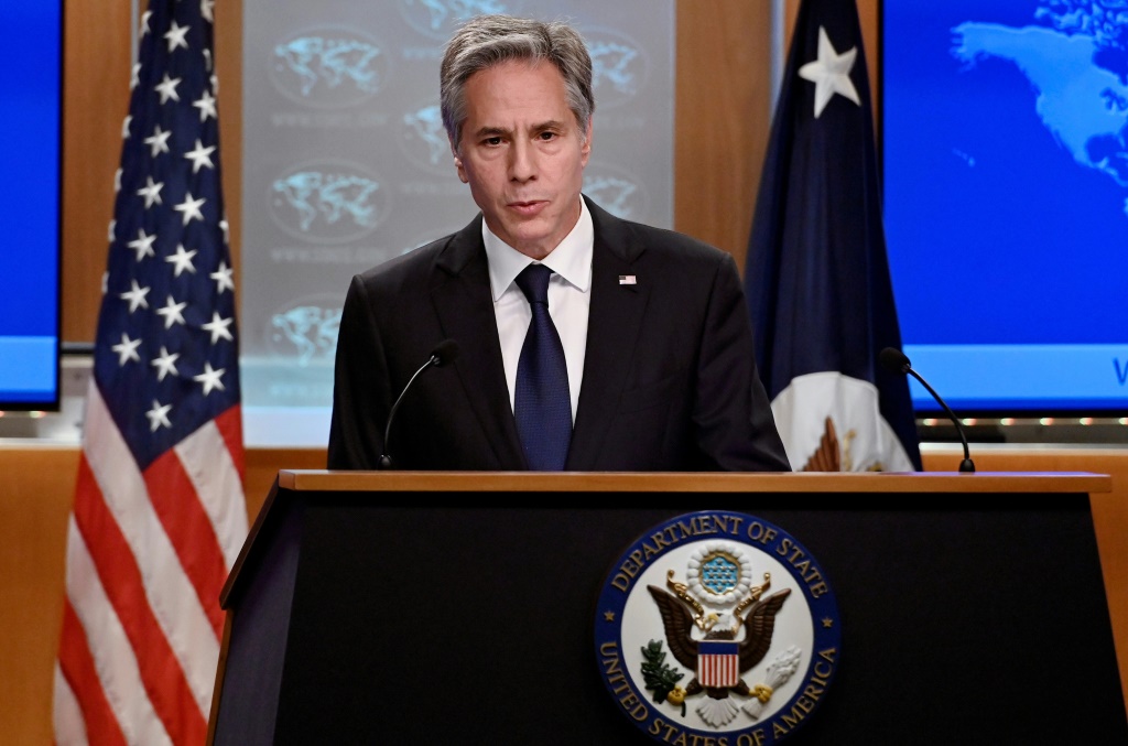 وزير الخارجية الأميركي أنتوني بلينكن خلال مؤتمر صحافي في واشنطن (اف ب)