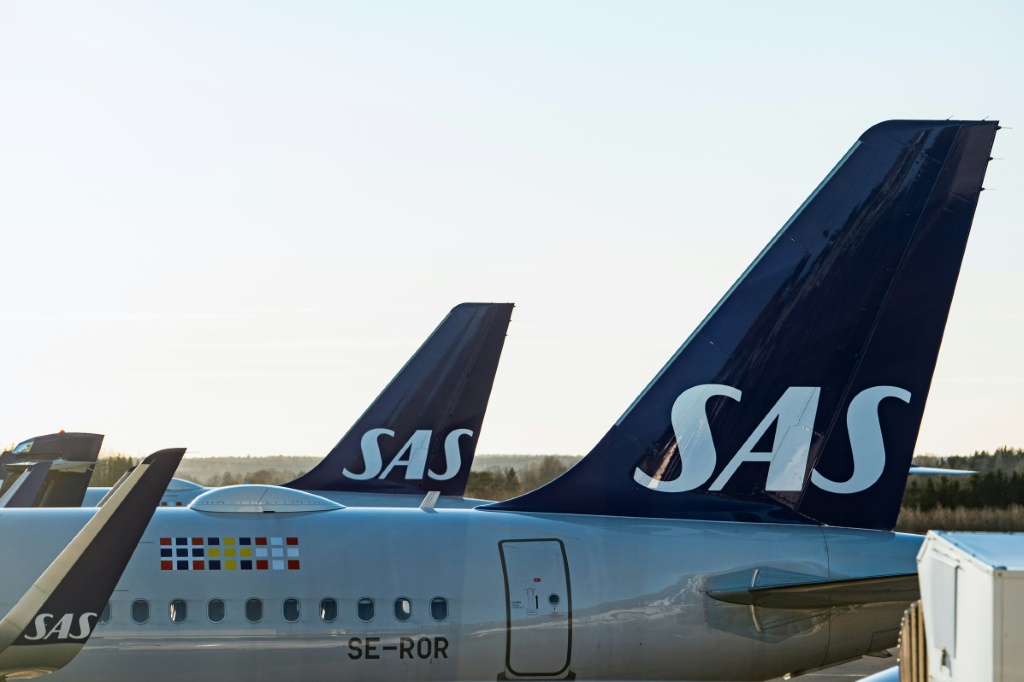  طائرات تابعة للخطوط الجوية الاسكندنافية جاثمة في مطار ارلندا شمال ستوكهولم، في 16 آذار/مارس 2020 (أ ف ب)