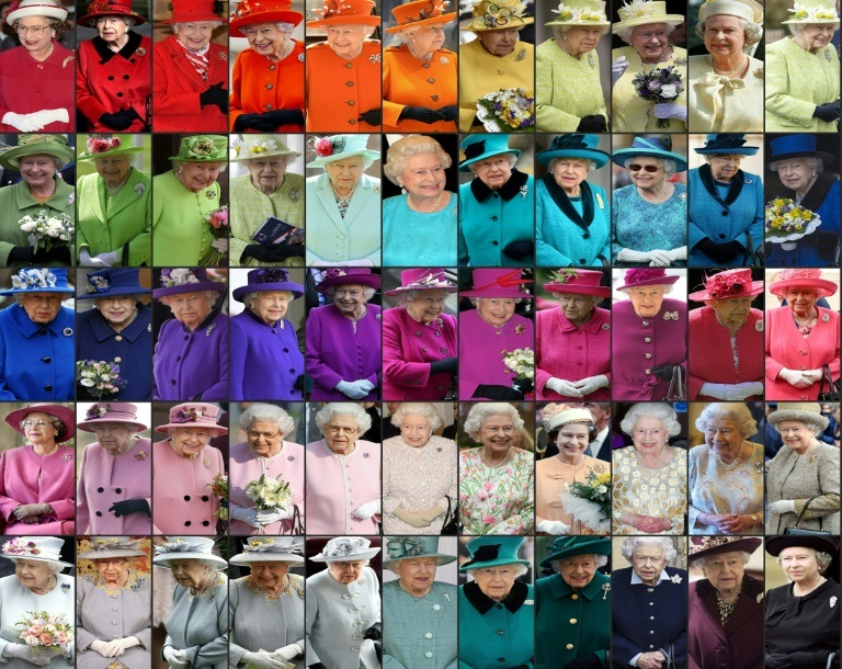 صورة رُكبت في 29 تشرين الاول/اكتوبر تظهر إطلالات عدة للملكة إليزابيث الثانية التي اعتمدت تدرجات كثيرة من الألوان على مدار العقود (أ ف ب)