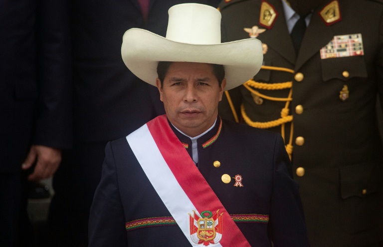رئيس بيرو بيدرو كاستيلو يرتدي قبعته المميزة خلال تنصيبه في يوليو 2021 (ا ف ب)