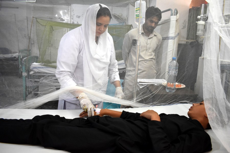 مريض مصاب بحمى الضنك يتم علاجه داخل ناموسية في مستشفى في لاهور بباكستان يوم 23 سبتمبر 2022. (شينخوا)