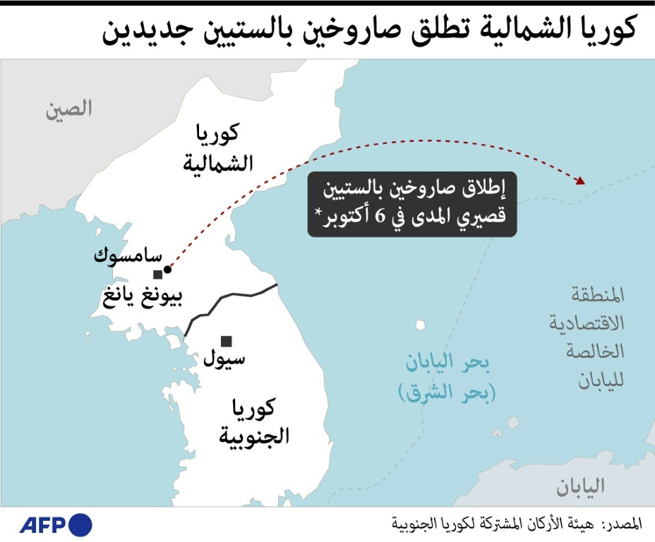 خارطة تظهر اطلاق كوريا الشمالية لصاروخ بالستي في 06 تشرين الأول/أكتوبر 2022 (اف ب)