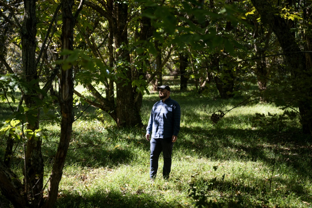 مدير الأبحاث في مؤسسة الكستناء الأميركية فاسيلي لاكوبا في بستان من أشجار الكستناء في فرجينيا بتاريخ الرابع من تشرين الأول/أكتوبر 2022 (ا ف ب)